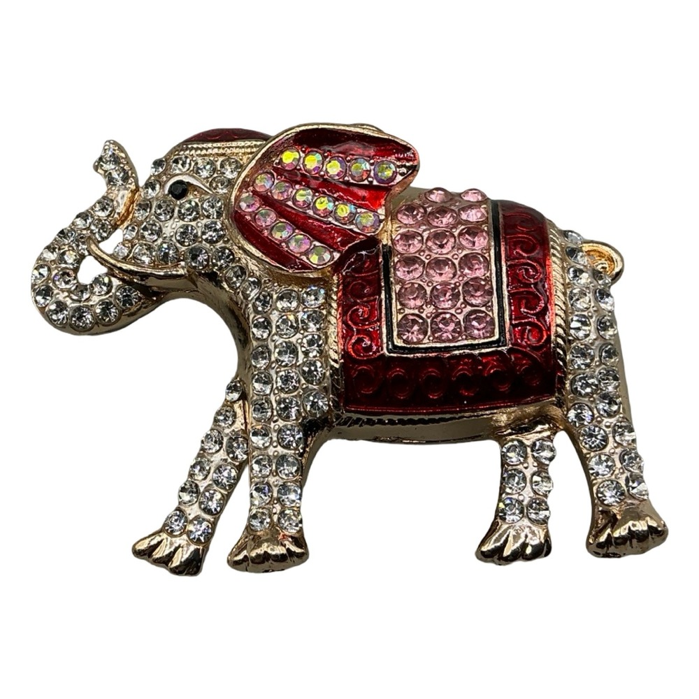 Red Gold Rhinestone Elephant Brooch Pendant Animal Jewelry Gift Box